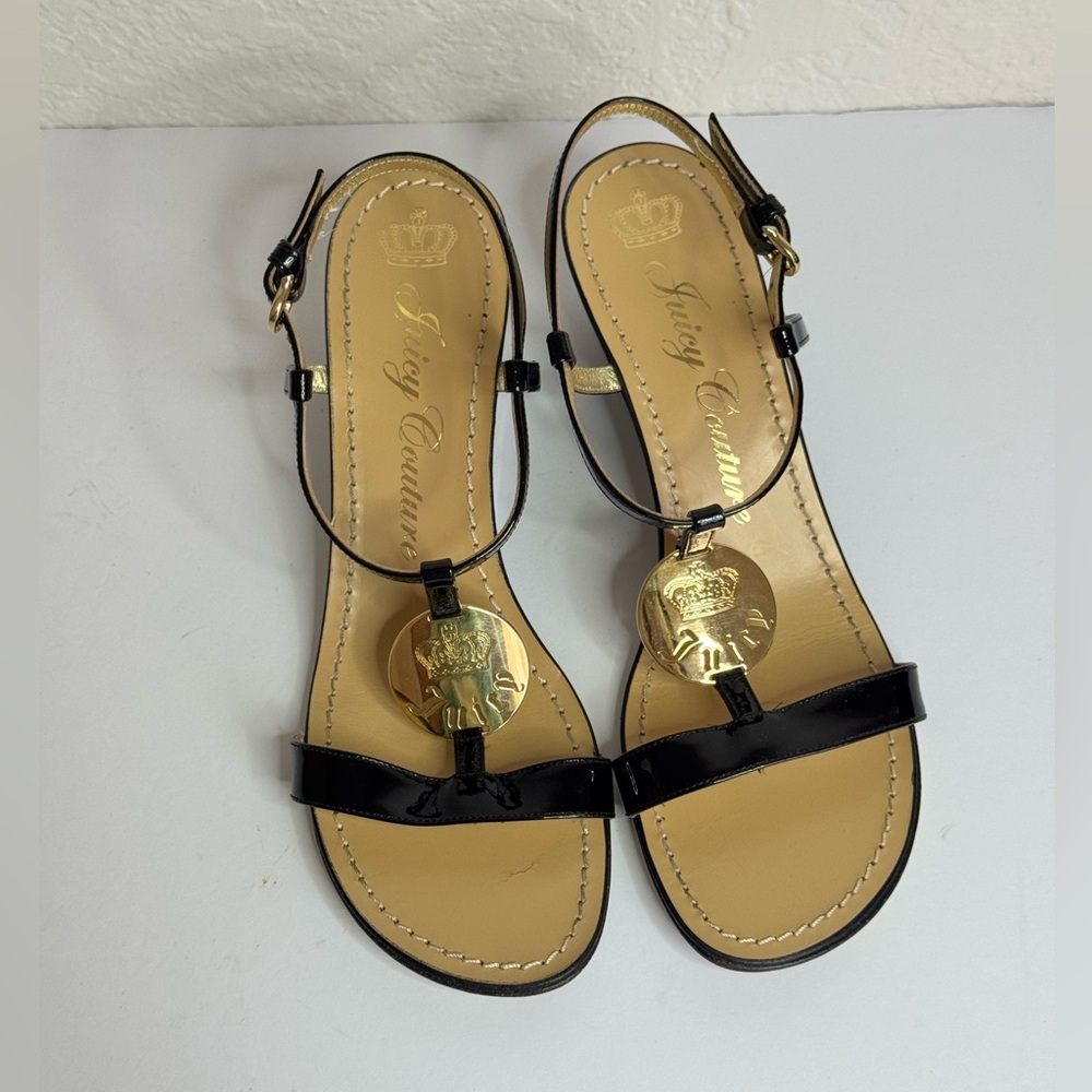 Y2K Juicy Couture US 8 Black Gold Platform Patent Leather Sandal Wedge Straps